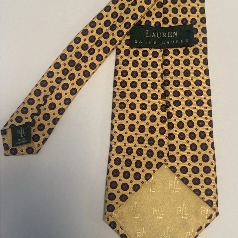 Lauren Ralph Lauren Men’s 100% Silk Tie Gold w/ Blue Medallion Pattern 3.5x57”